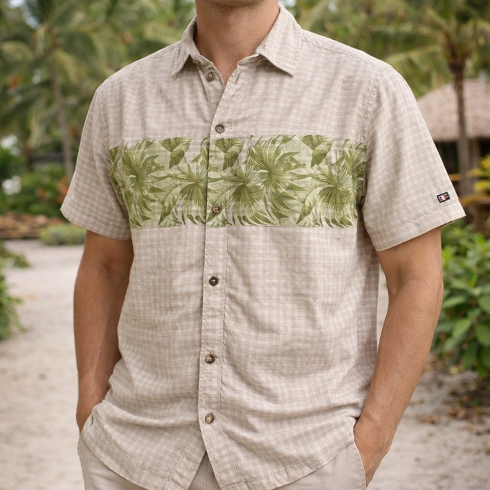 Tommy Hilfiger Men's S Beige Check Short Sleeve Button-Up Shirt